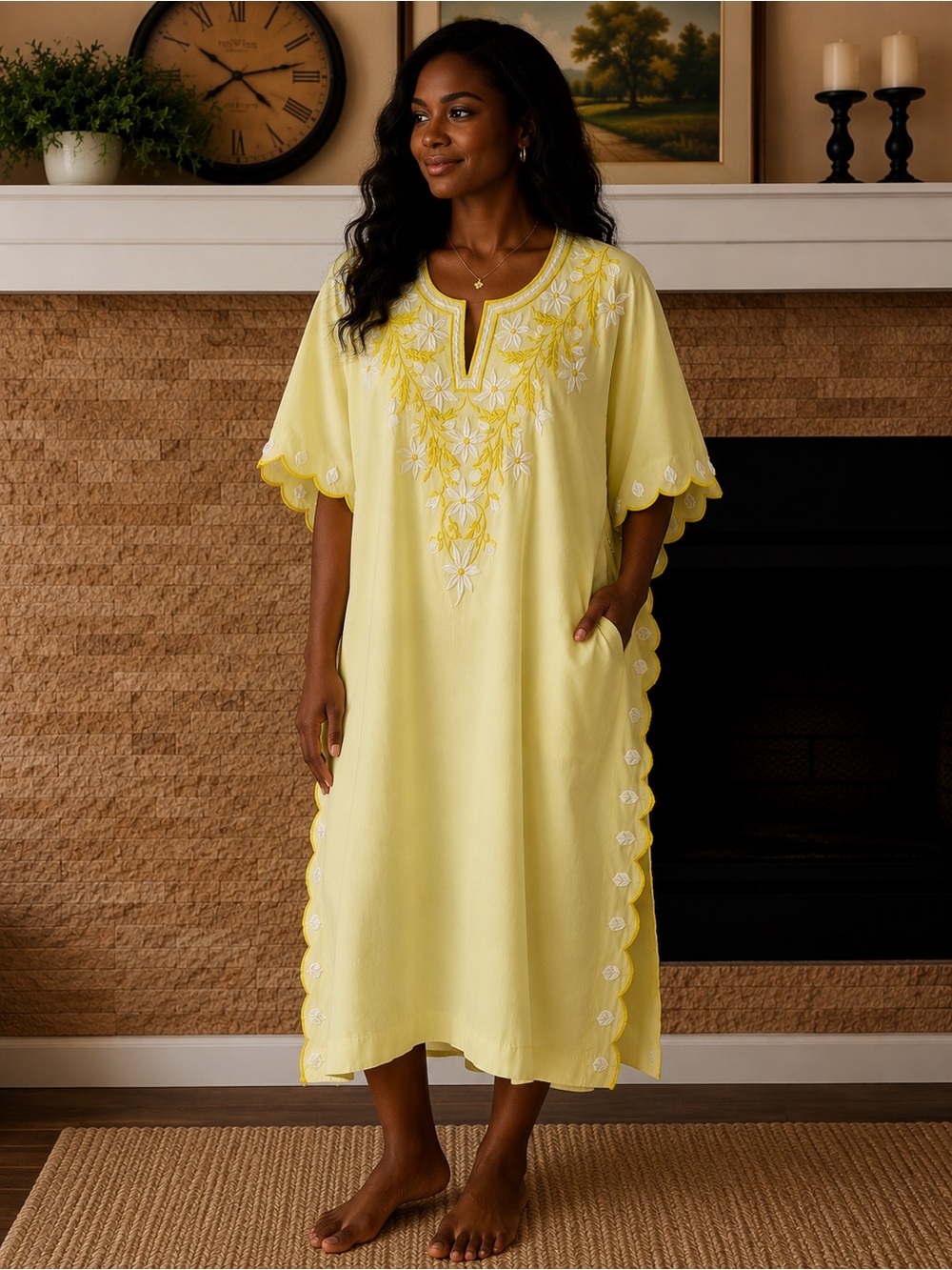 Women’s Yellow Embroidered Swim Cover-Up Caftan Boho Western